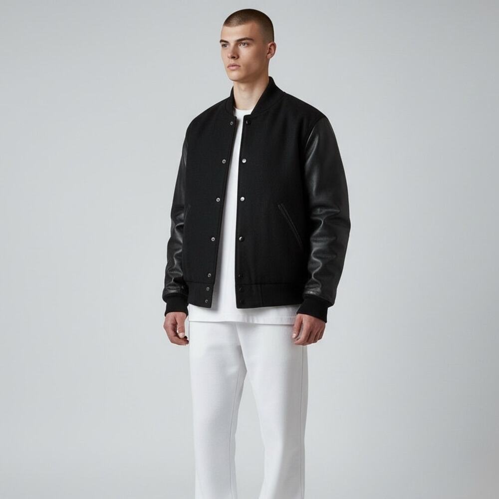 Varsity Base Wool Leather Varsity Letterman Jacket Men's Sz S Black Streetwear